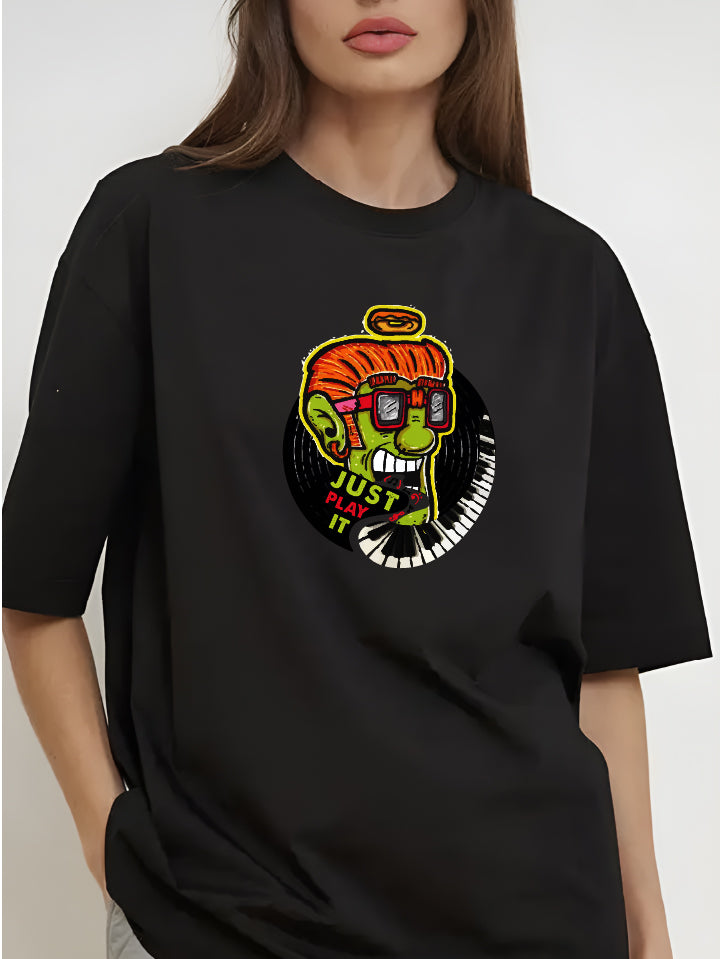 Women Crew Neck Oversized Black Graphic Tees