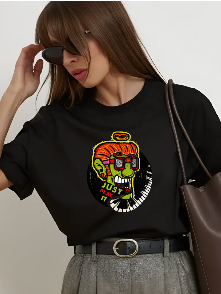 Women Crew Neck Oversized Black Graphic Tees