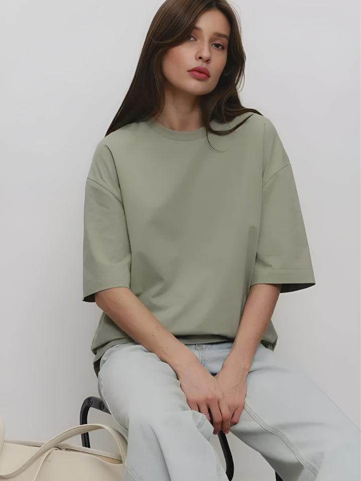 Women Crew Neck Oversized Olive Green Tee