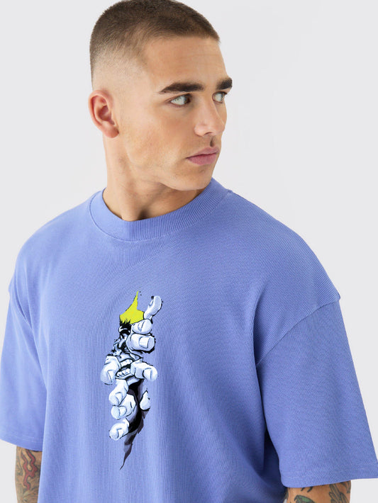 Men Oversized Lavender Blue Crew Neck Graphic Tees