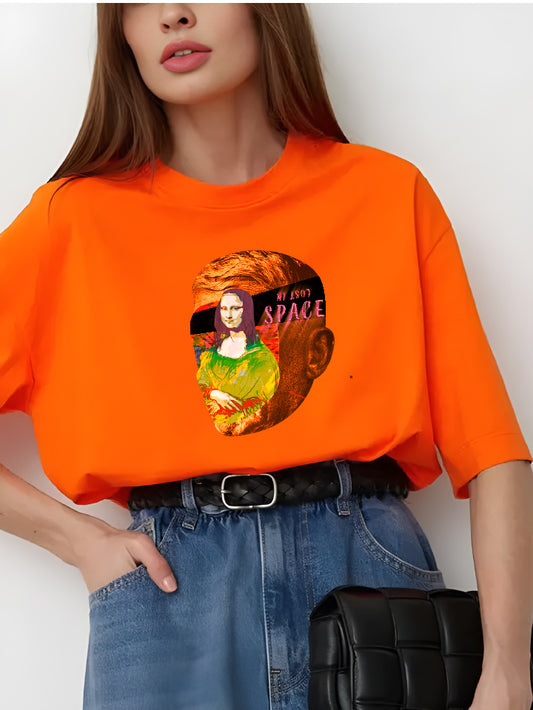 Women Crew Neck Oversized Vibrant Orange Graphic Tees