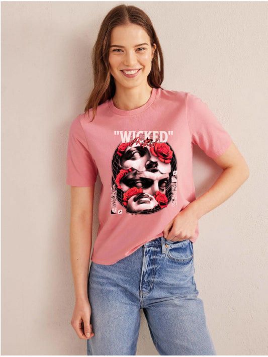 Women Blush Pink Crew Neck Graphic Tees