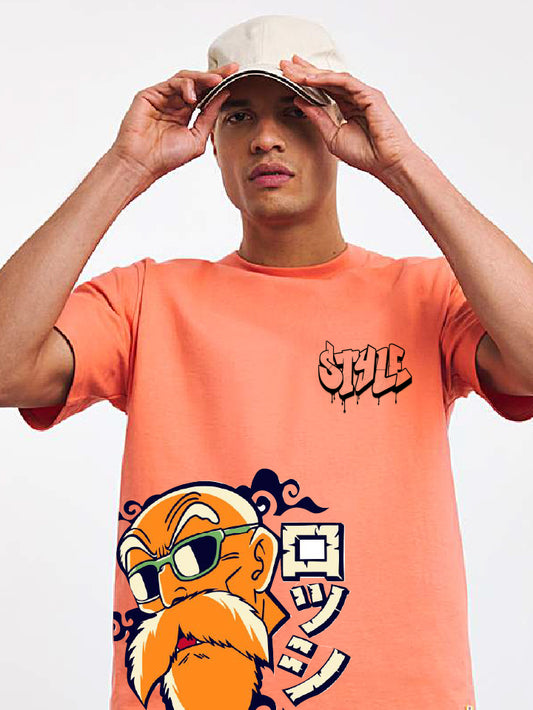 Men Oversized Coral Orange Crew Neck Graphic Tees