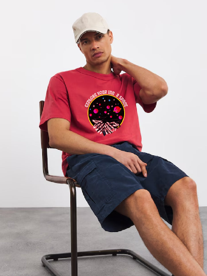 Men Crew Neck Oversized Crimson Graphic Tee